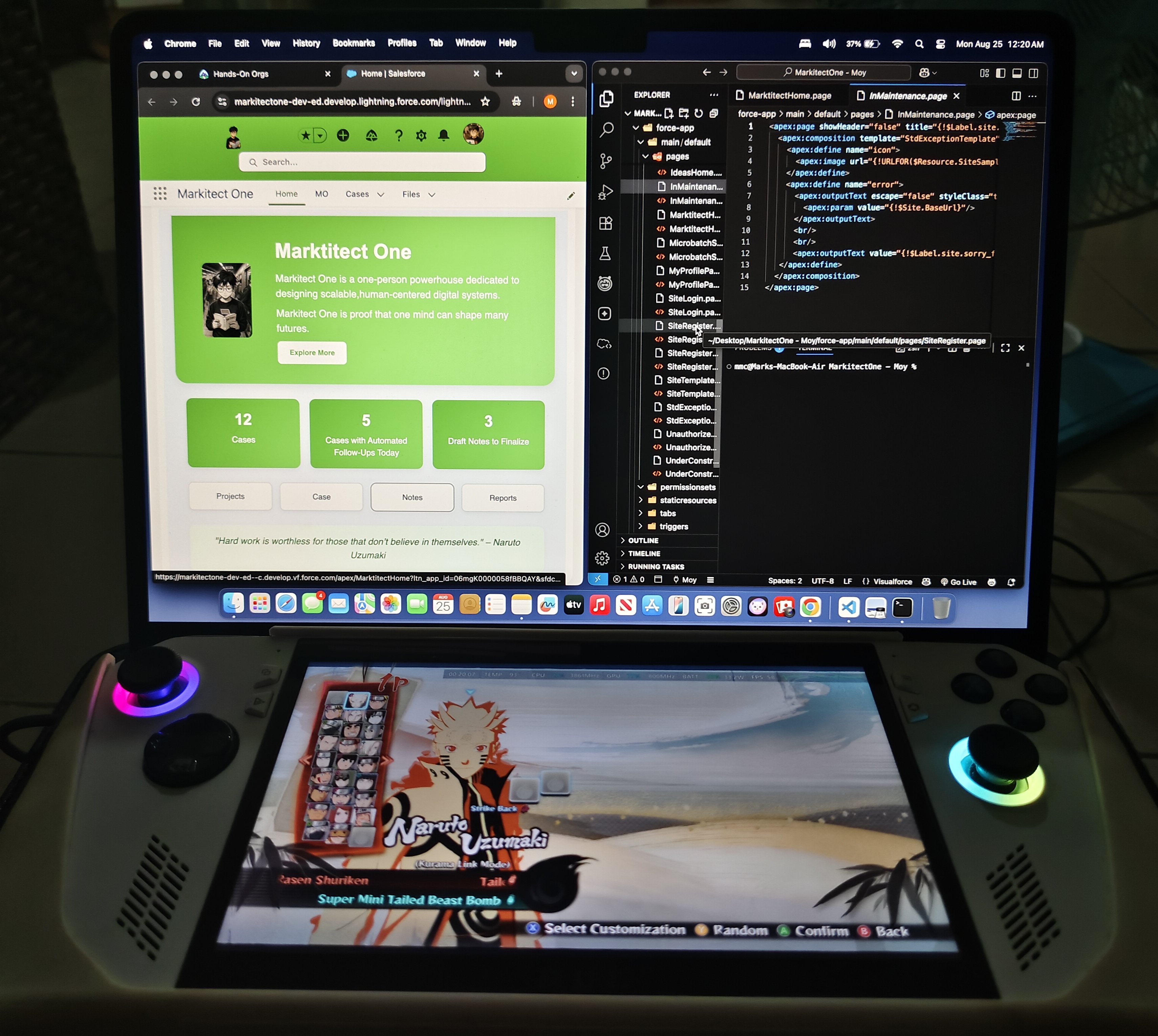 Coding practice setup showing a laptop, code editor, and handheld gaming device